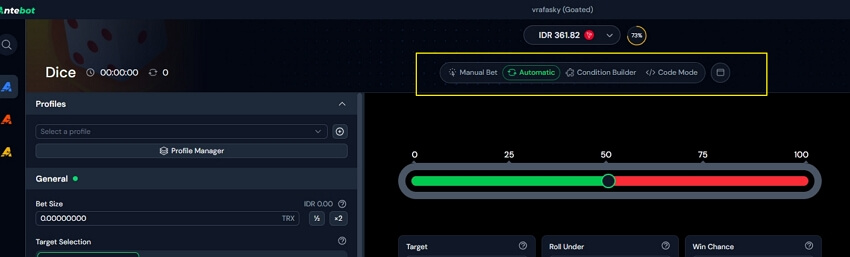 Antebot Dice automation interface on Goated Antebot app Dice game automation interface