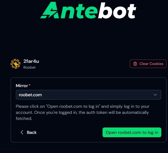 Roobet login in Antebot