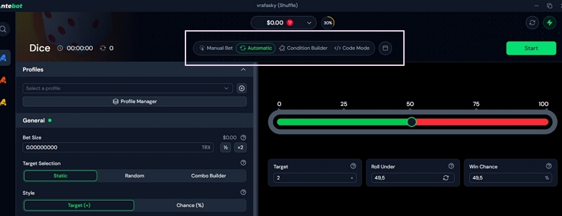 Antebot app Dice game automation interface