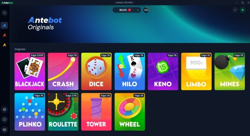 Antebot Main Interface - Shuffle Games