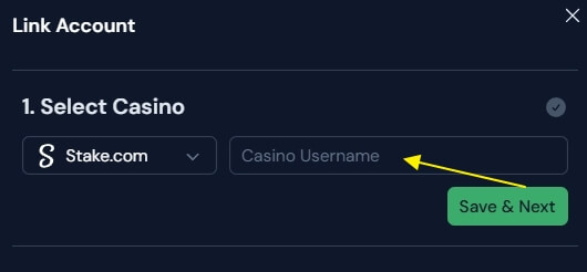 Select Stake.com or Stake.us from Antebot's supported casinos - Professional Stake bot configuration interface Stake Bot Account Setup - Step 2