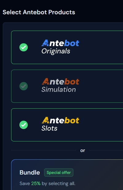 Choose your Stake bot subscription plan - Antebot Originals, Simulation, and Slots automation packages available Stake Bot Subscription Selection
