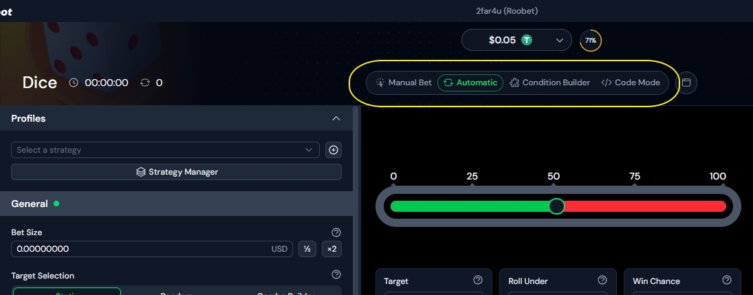 Antebot Roobet Dice game interface