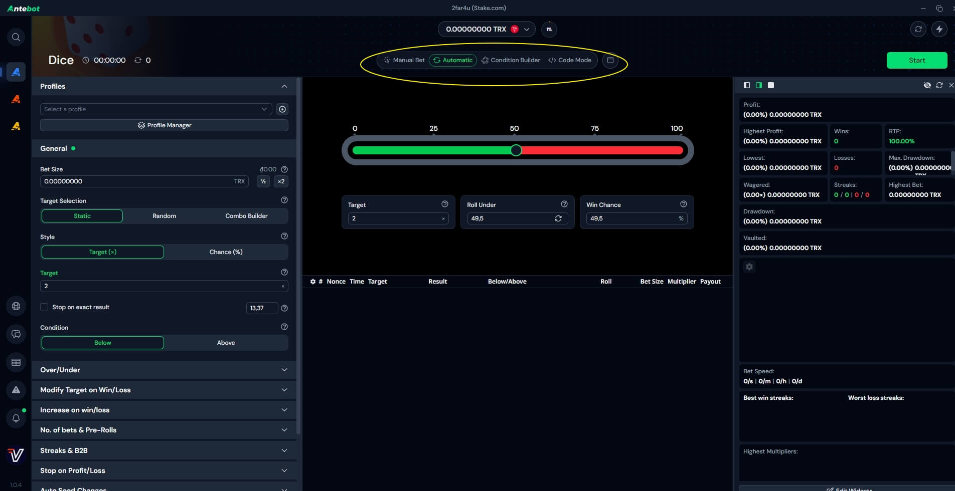 Antebot's advanced Dice automation interface for Stake - Professional betting bot with multiple automation modes and strategy options Stake Dice Bot Interface