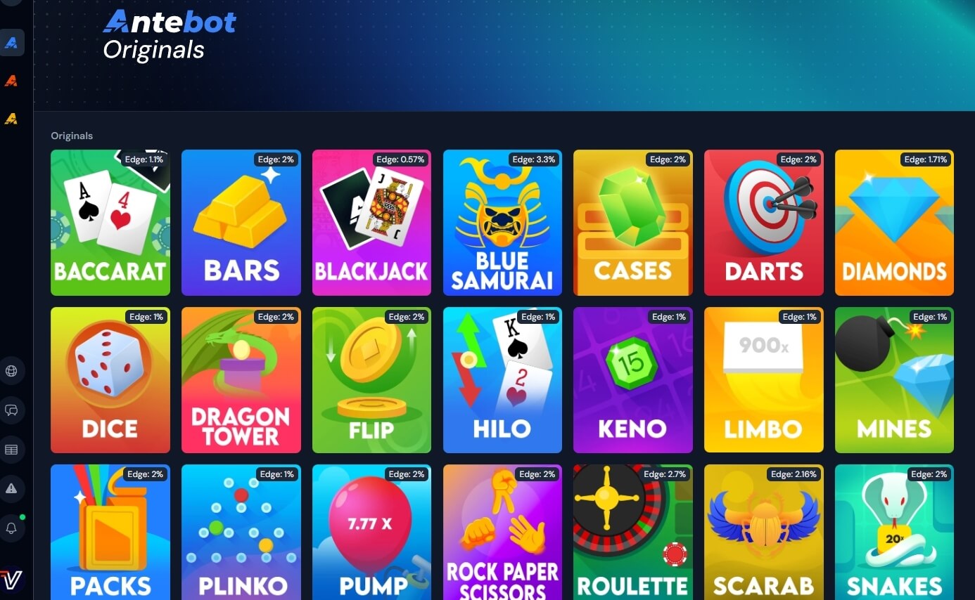 Antebot's main interface showing all automated Stake games - Professional Stake bot dashboard with full game selection Antebot Main Interface - Stake Games