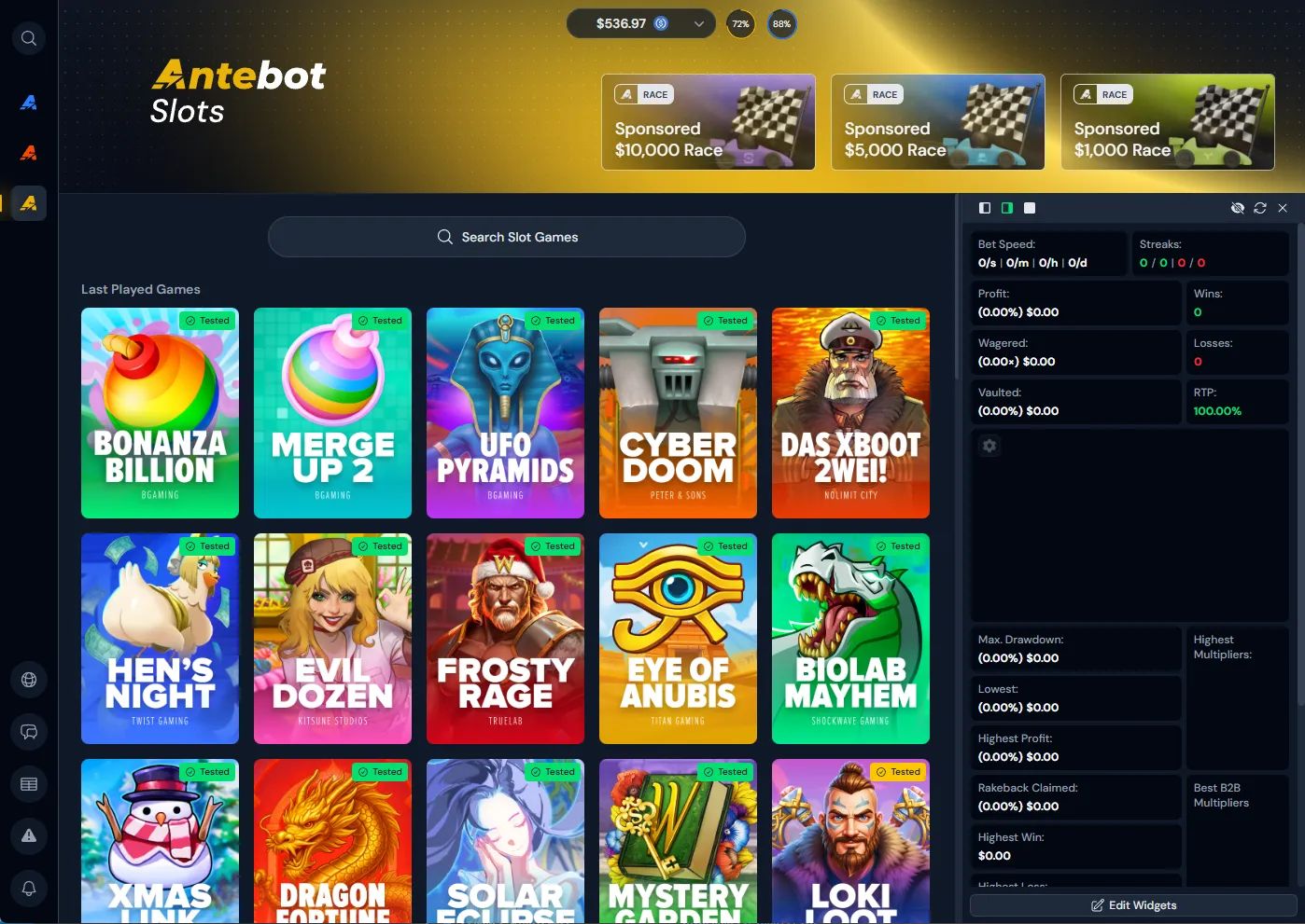 Antebot Slots dashboard