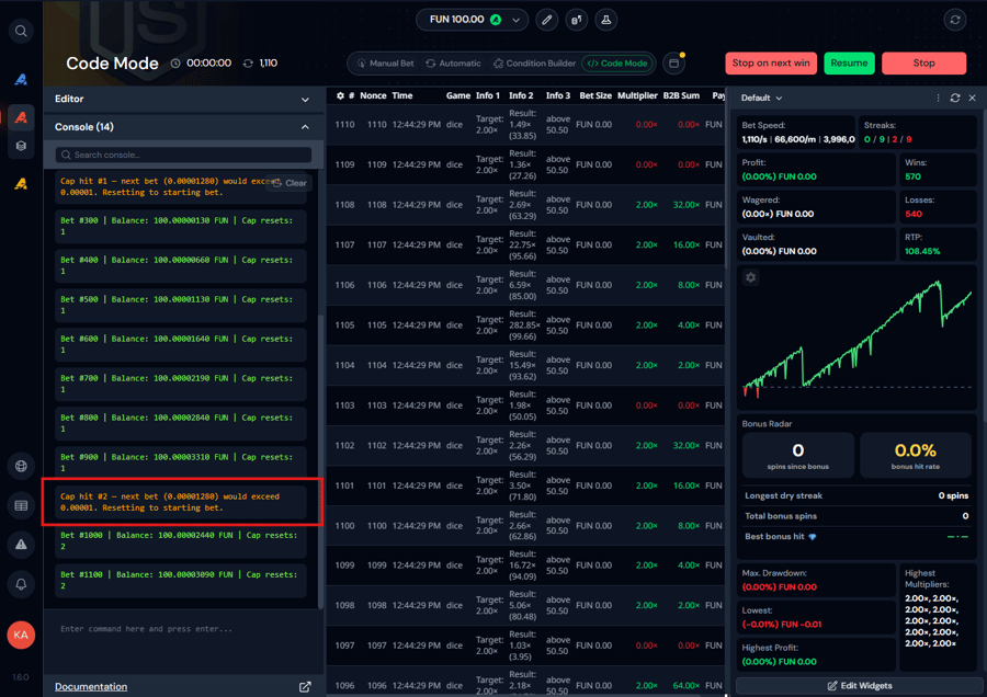 The Code Mode console logging cap hits and running balance during a Simulation Mode run The Code Mode console during a simulation run, showing cap-hit lines and the every-100-bets balance log