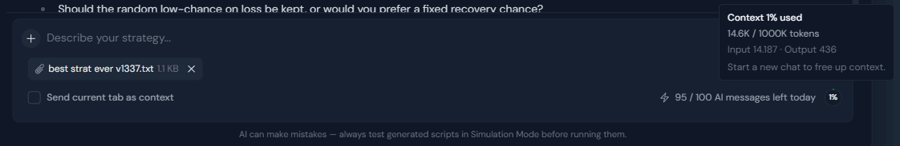 The message box, showing an attachment, the Send current tab as context checkbox, the context indicator and the daily message counter The AI Scripter message box with an attached file, the context indicator and the daily message counter