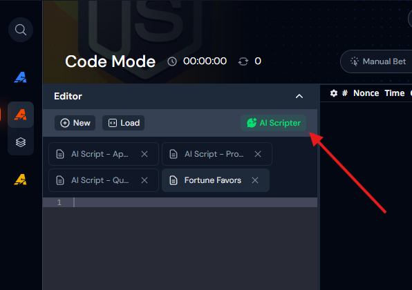 The AI Scripter button sits in the Code Mode editor toolbar, next to New and Load The AI Scripter button in the Code Mode editor toolbar