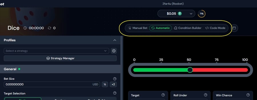 Antebot Roobet Dice game interface