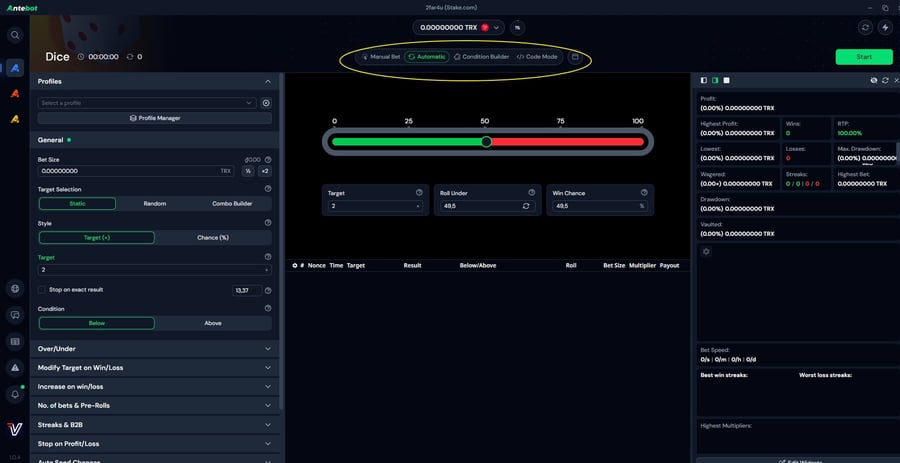 Stake Dice Bot Interface